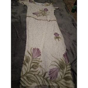 VTG Beaded Floral 100% Silk Dress Womens Size 16 Ivory White Purple Grandma Core